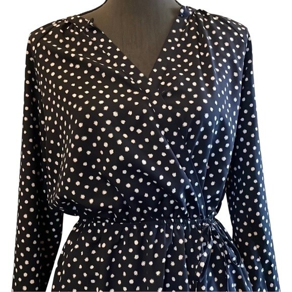 Collective Concepts navy & white polka dot long sleeve faux wrap dress small - Picture 3 of 6